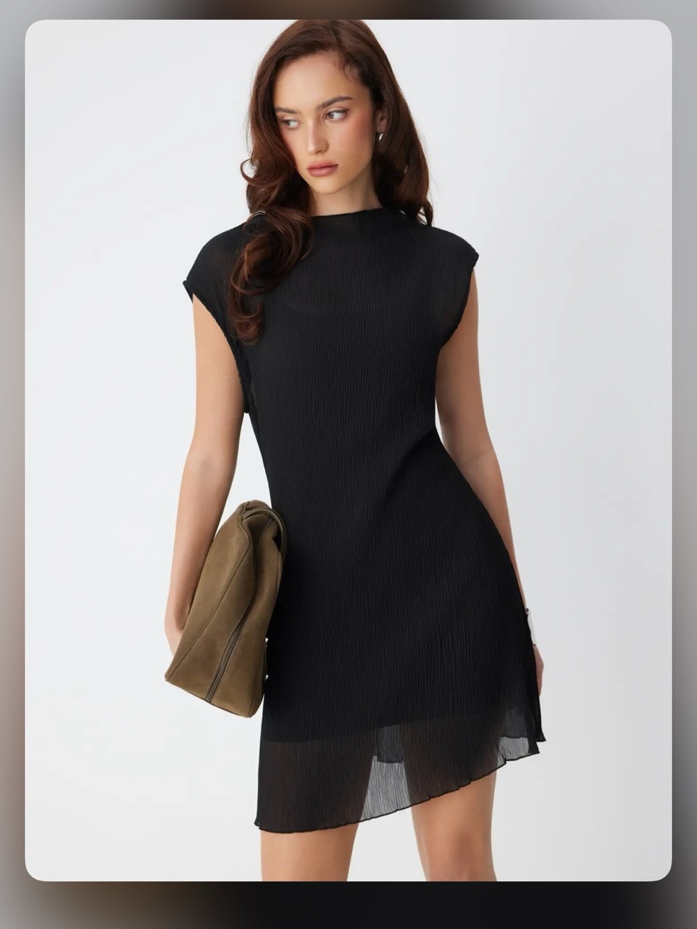Cider HIGH STRETCH STAND COLLAR RUFFLED TEXTURE A-LINE MINI DRESS ONLY SEE THROU